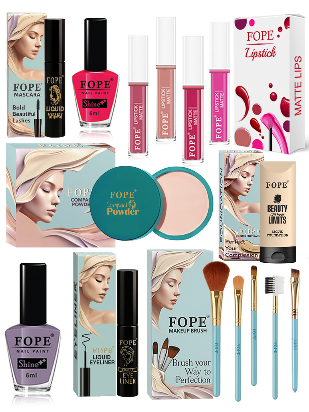 FOPE Set Of 15 Long Lasting Smudge Proof Lightweight Radiant Look Makeup Combo