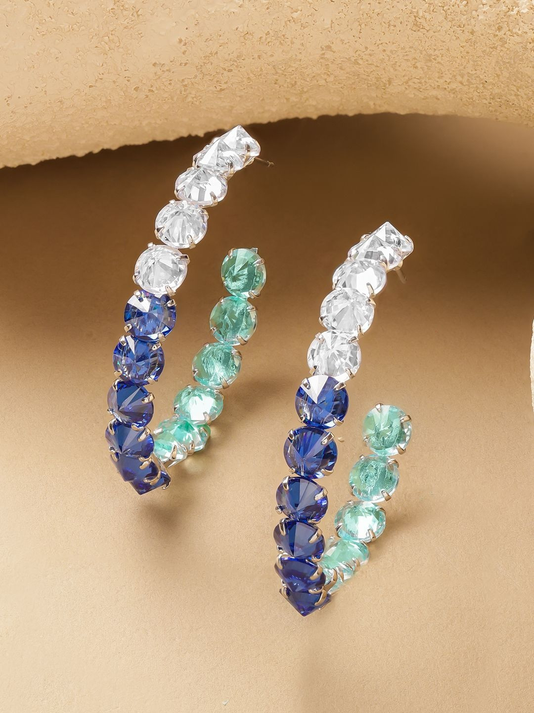 Rubans Rhodium-Plated Aqua Green, Blue AD & Crystal Zirconia Hoop Earrings