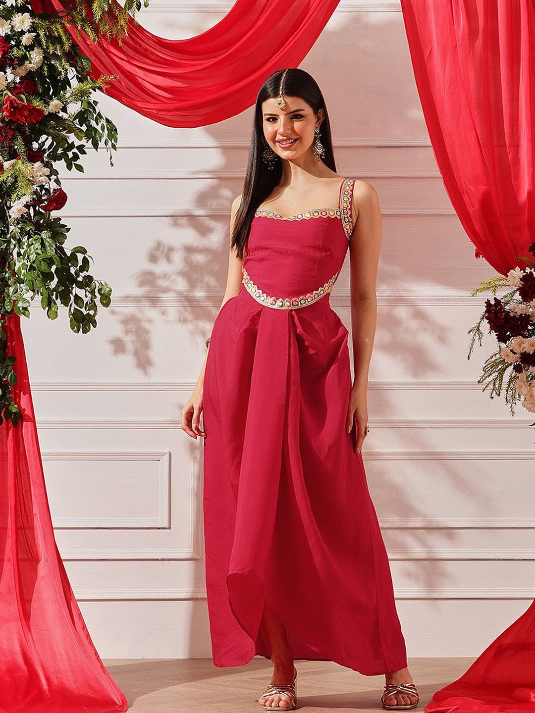 indo street Women Embroidered Chanderi Shoulder Straps Smocked Top With Skirt Co-Ords