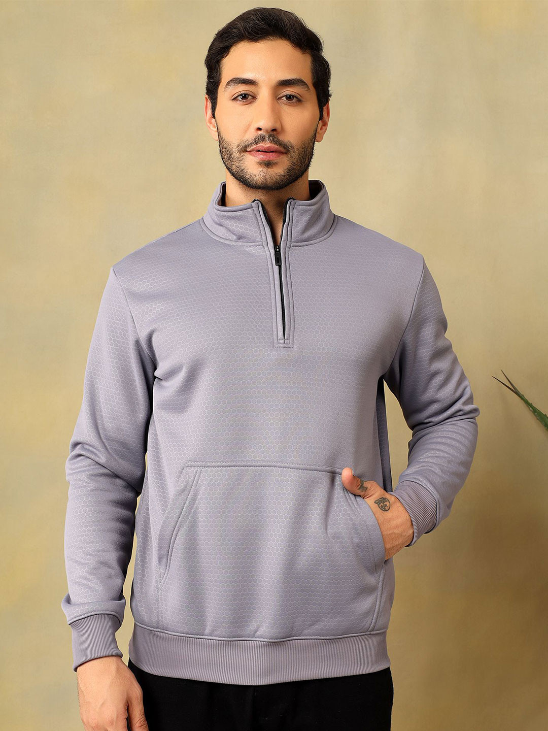 Unicus Apparel Men Self Design Mock Collar Sweatshirt