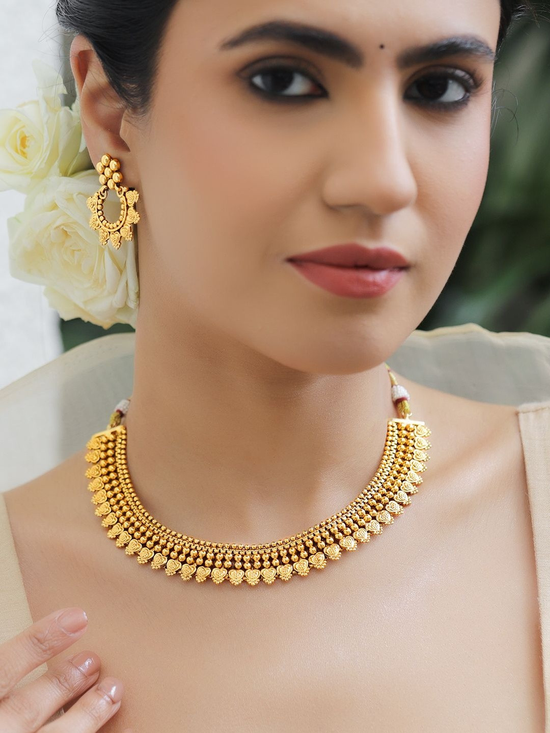 Rubans 22K Gold-Plated Embossed Petal & Beaded Traditional Jewellery Set