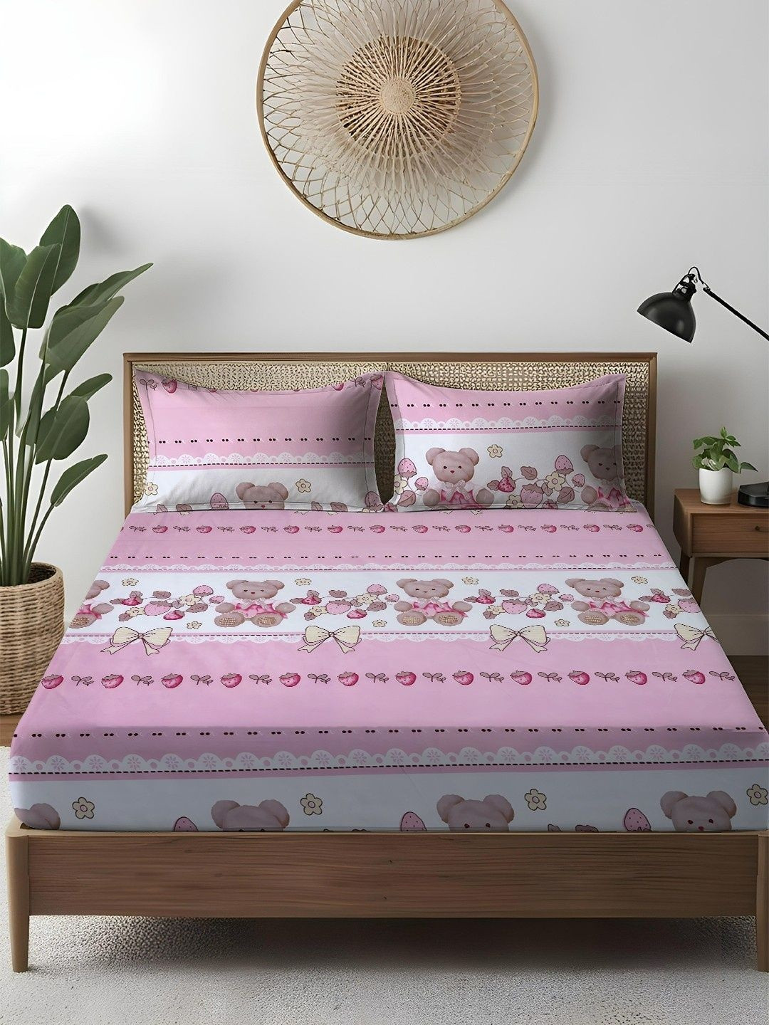 WEAVE AND DECOR Pink Cartoon Characters 300 TC King Bedsheet with 2 Pillow Covers