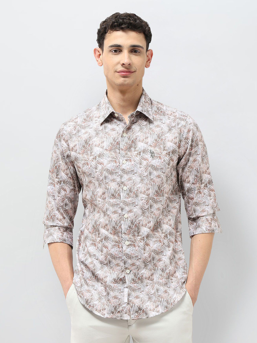 U.S. Polo Assn. Men Tailored Fit Floral Printed Spread Collar Cotton Casual Shirt
