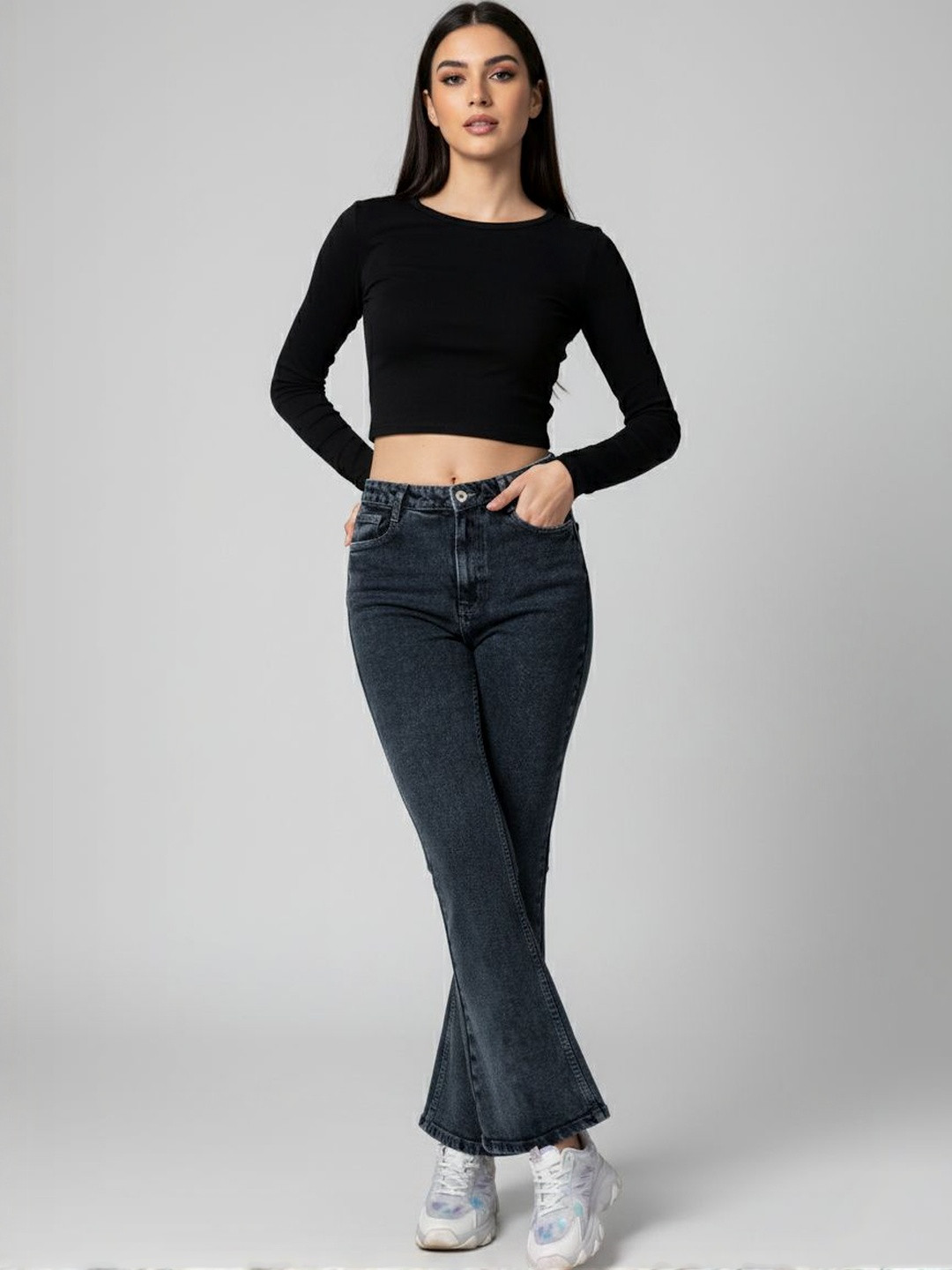 OMG CREATION Women Bootcut Mid-Rise Light Fade Stretchable Jeans