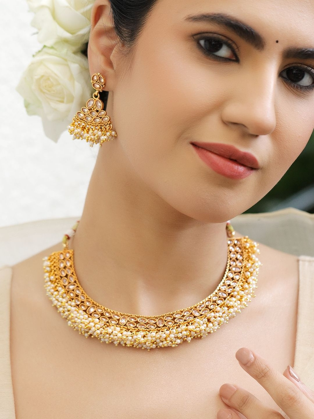 Rubans 22K Gold-Plated Copper Handcrafted Kundan Jewellery Set with Pearl Cluster Border