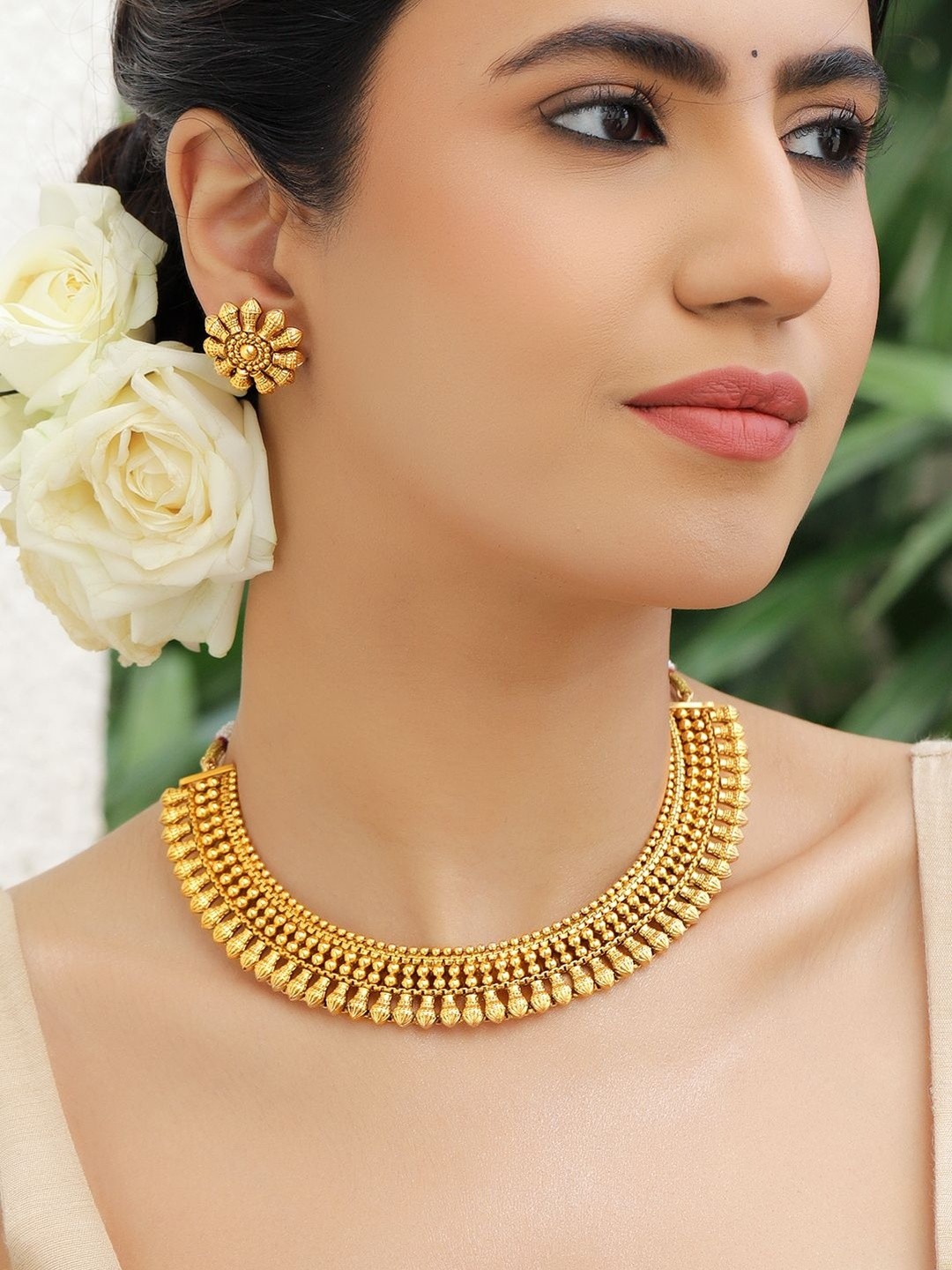 Rubans 22K Gold-Plated Structured Layered Beaded Necklace With Earrings