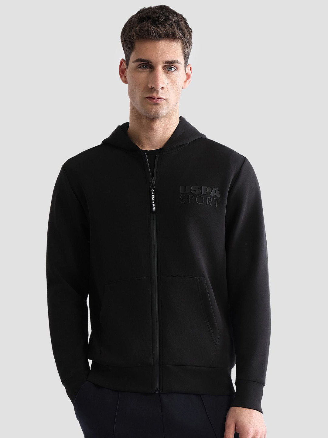 USPA Sport Men Brand Logo Hooded Long Sleeves Cotton Front-Open Sweatshirt