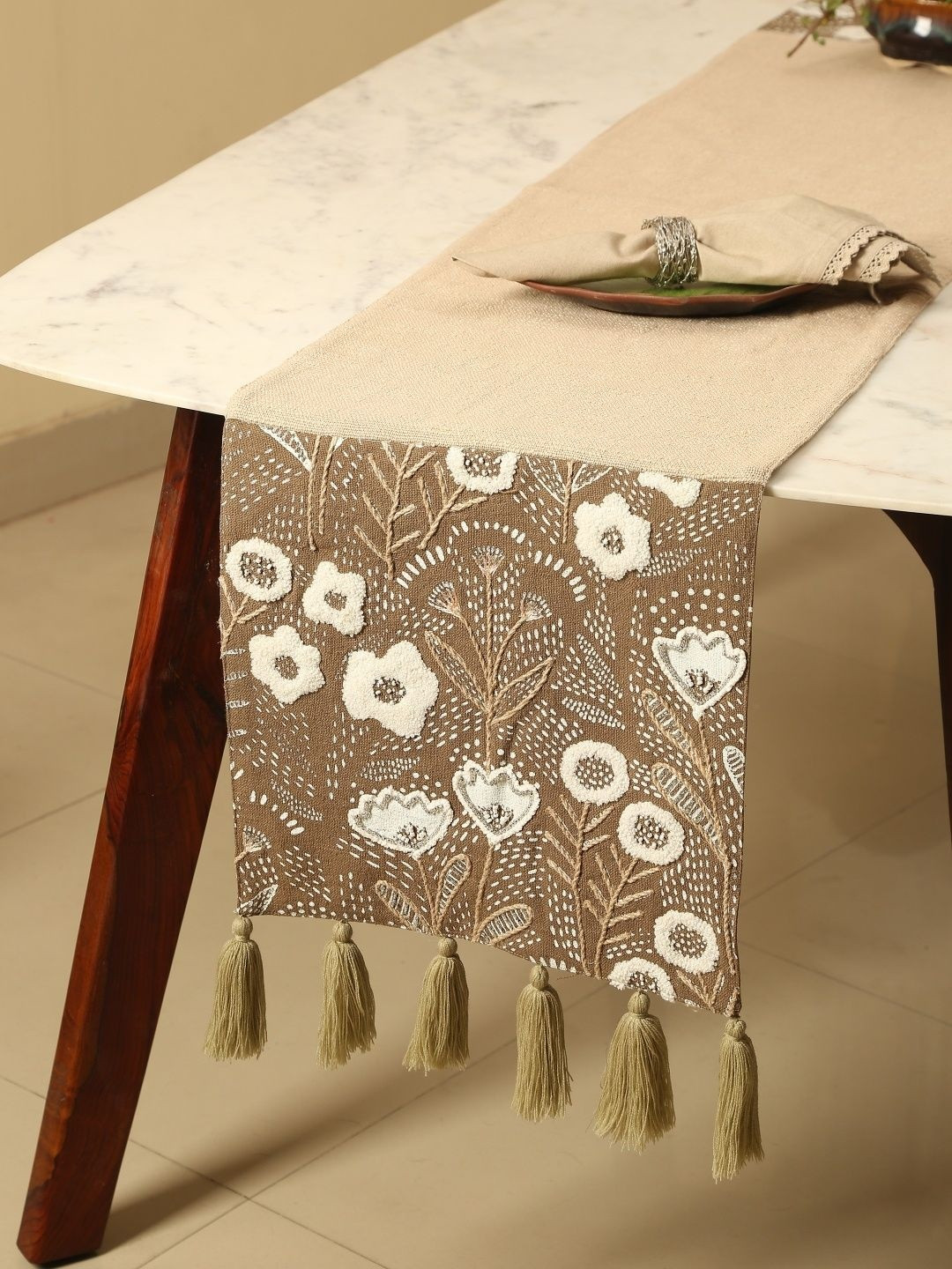 Revive Home Brown & White Embellished & Hand-Painted Table Runner With Tassels
