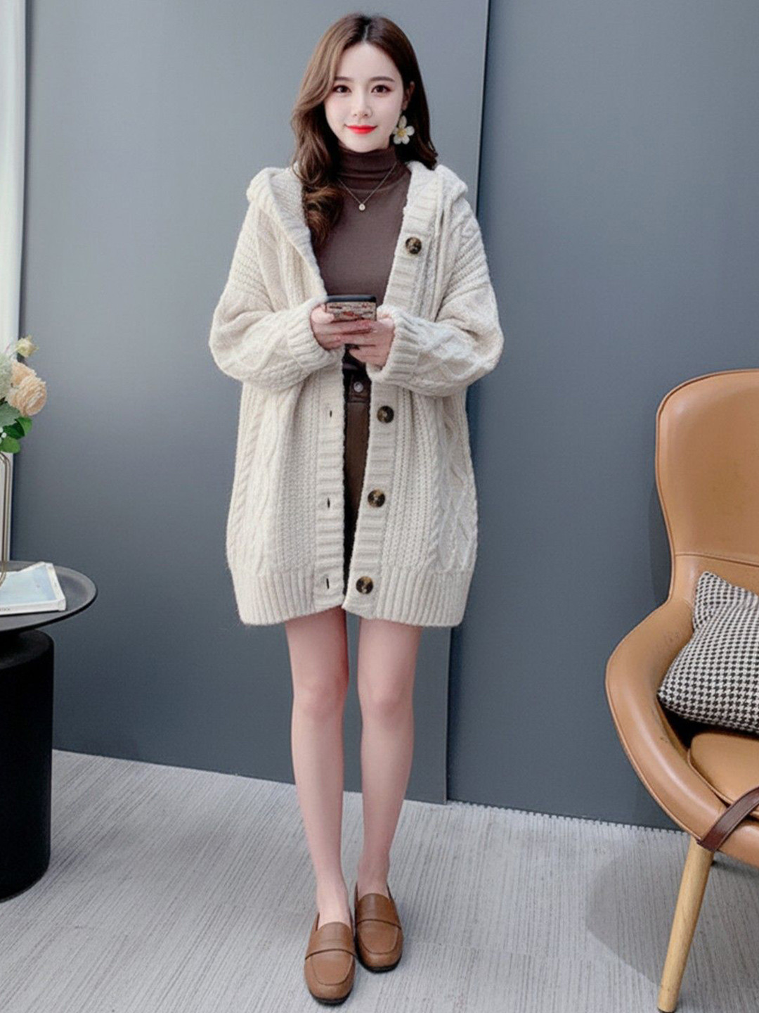 HERE&NOW Women Cable Knit Self Design Hooded Woollen Longline Cardigan