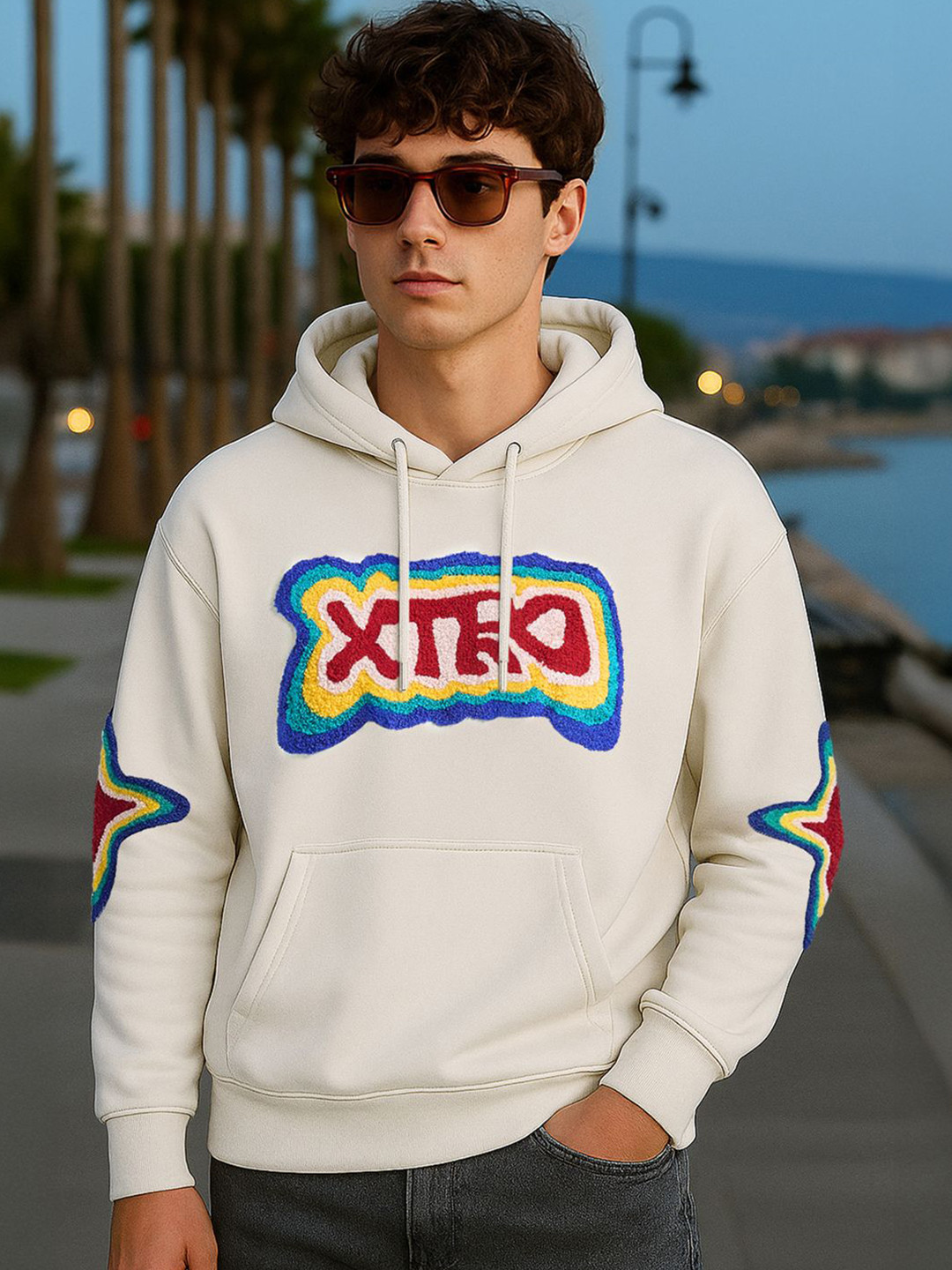 Bewakoof Heavy Duty 1.0  Men Beige Embroidered Oversized Hoodies