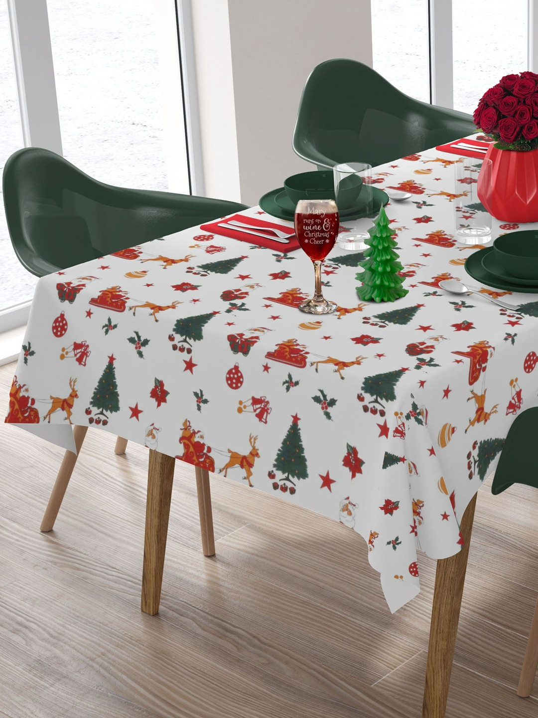 HOME COLORS.IN Multi Christmas Santa Cotton 4-Seater Table Cover