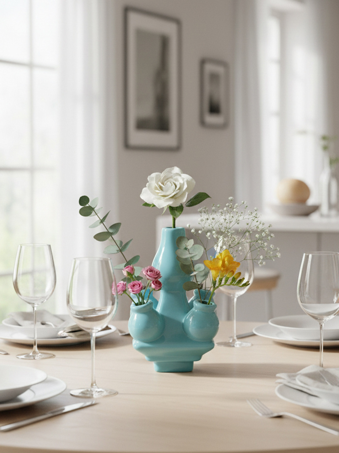 The Decor Lane Turquoise Blue Multi-Spout Shaped Ceramic Vase