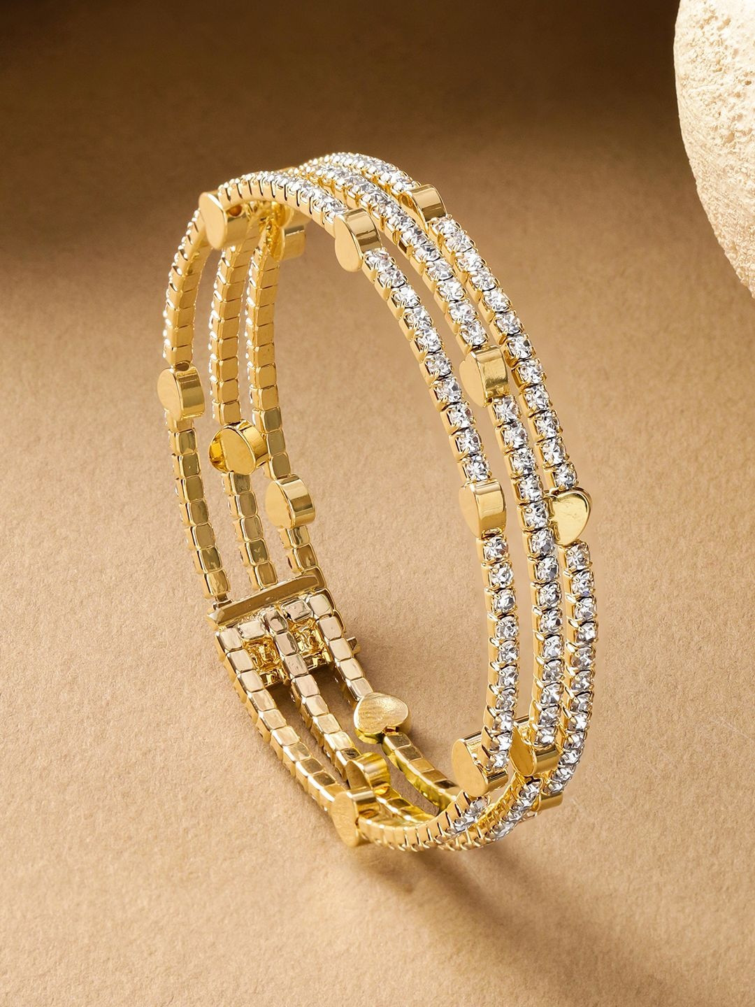 Rubans 18K Gold Plated Brass Bracelet with Heart Motifs & Cubic Zirconia Stones