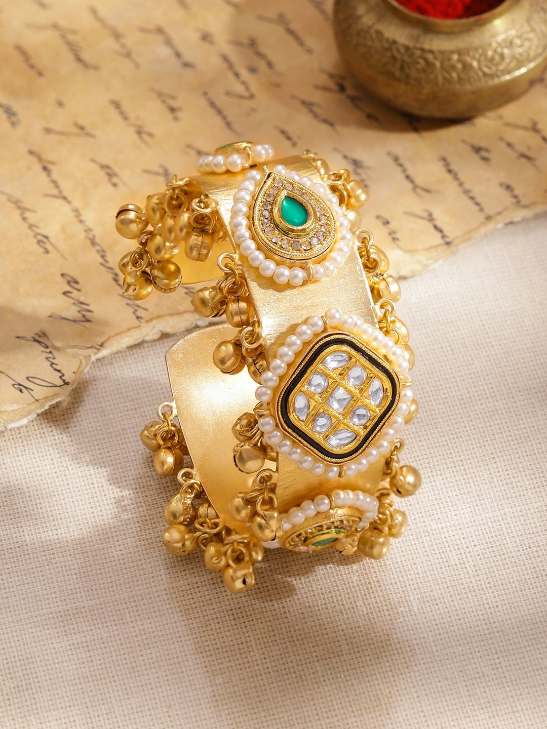 Rubans 22K Gold-Plated Brass Green & White Kundan with Pearl Beaded Cuff Bracelet