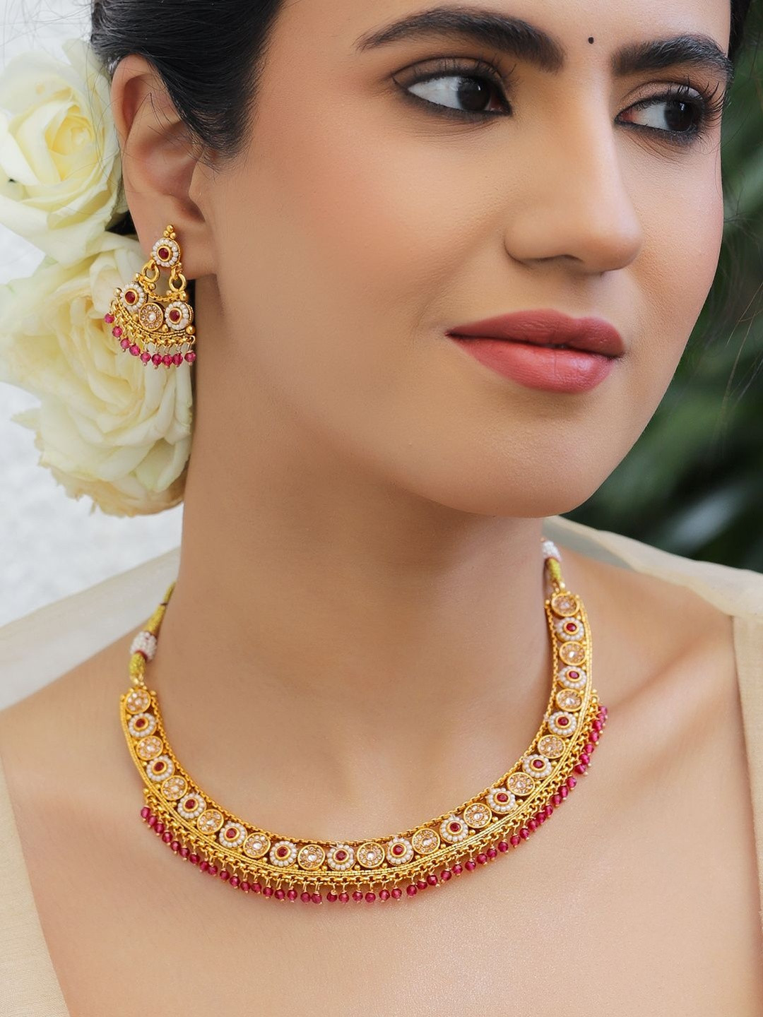 Rubans 22K Gold-Plated Kundan-Studded & Beaded Jewellery Set
