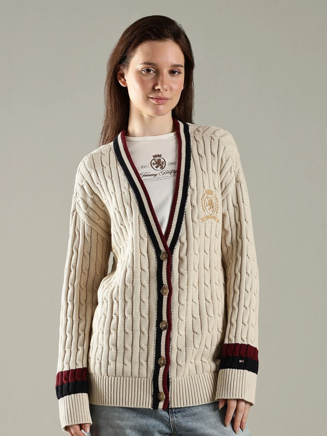 Tommy Hilfiger USA Women Self Design Cable Knit Cardigan with Embroidered Detail