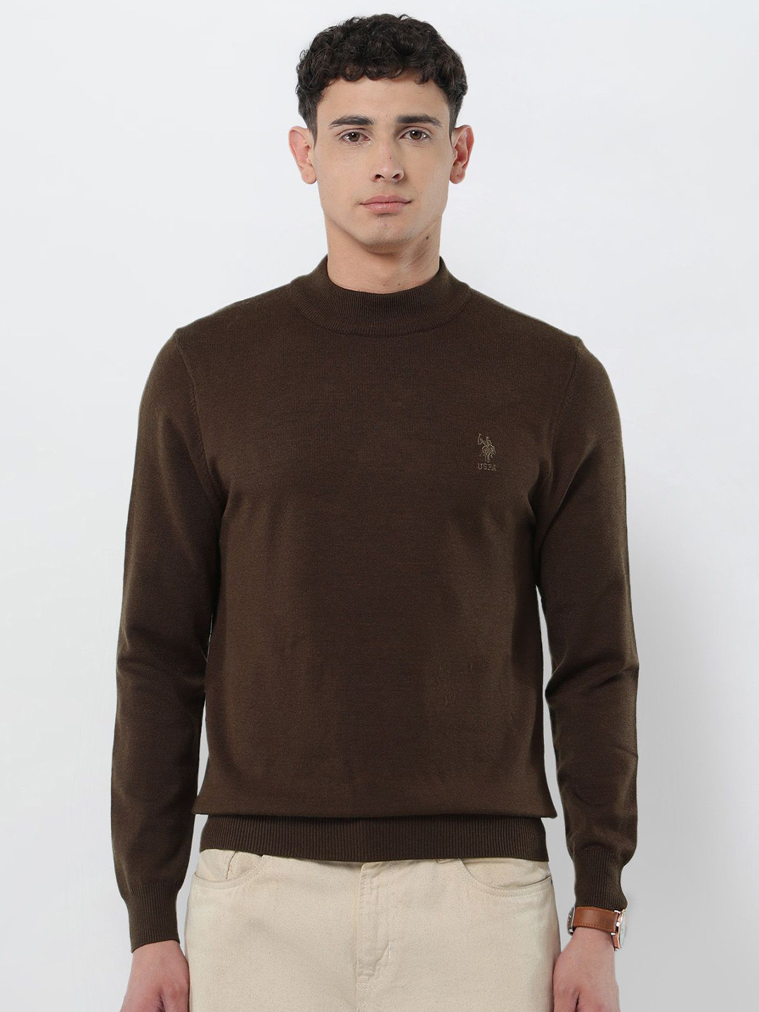 U.S. Polo Assn. Men Solid Mock Collar Long Sleeves Pullover Regular Fit Sweater