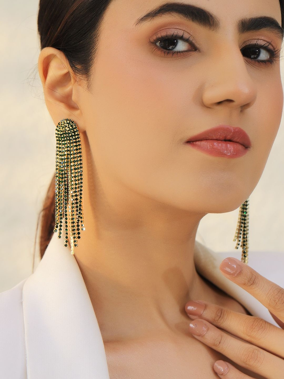 Rubans Rhodium-Plated Brass Emerald Green Crystal AD Stones Tassel Dangler Earrings