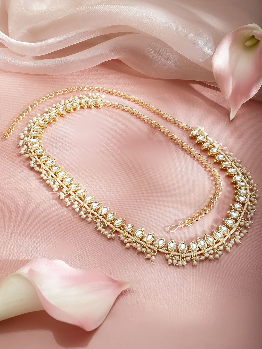Rubans 22K Gold-Plated Brass Waist Chain Kamarbandh with White Kundan Stones & Pearl Beads