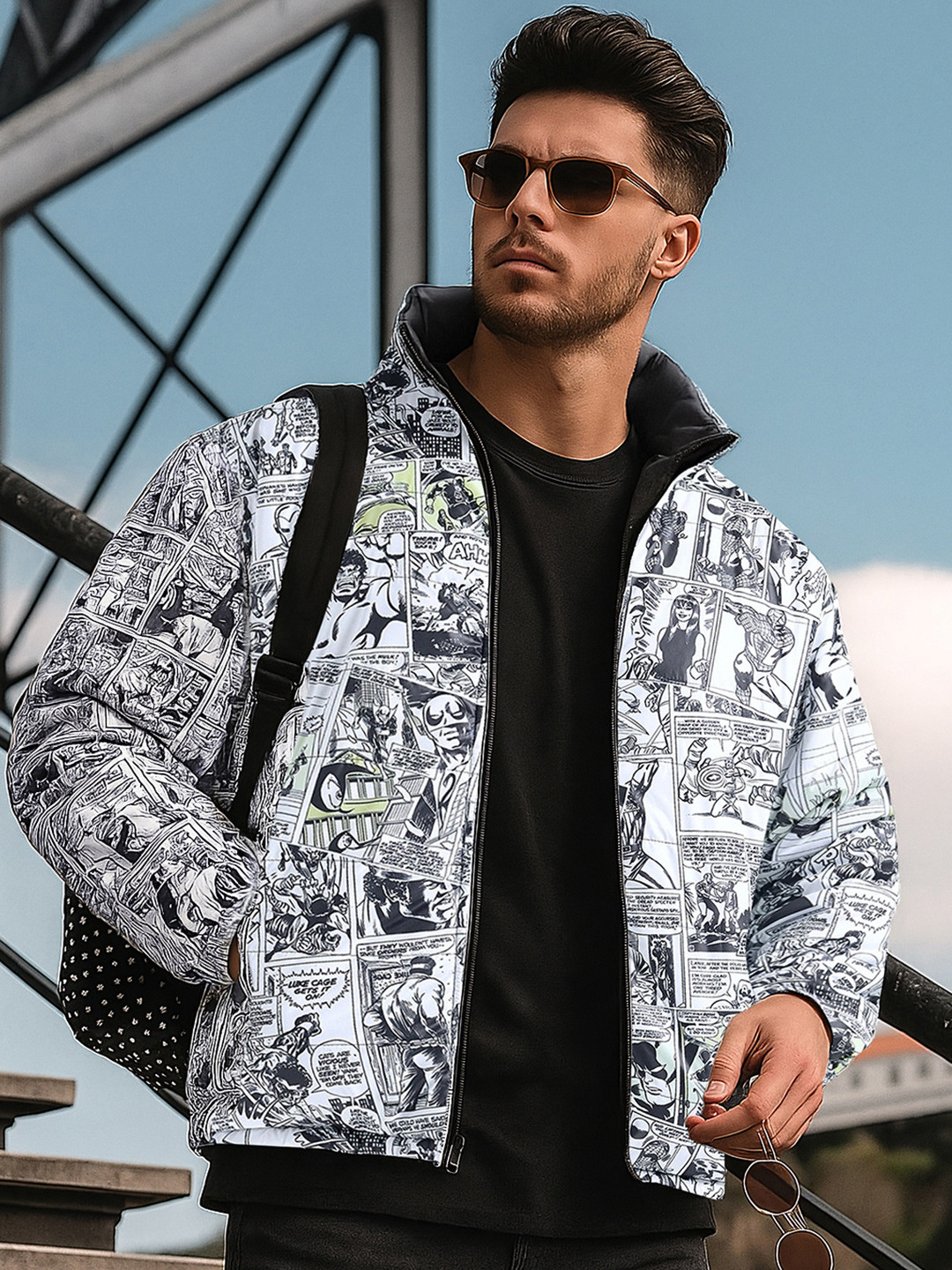 Bewakoof Men Official Marvel Merchandise Men Mock Collar Printed Reversible Puffer Jacket