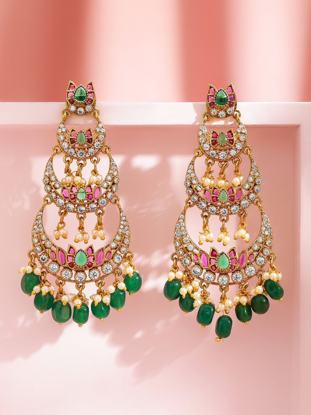 Rubans 22K Gold-Plated Ruby Pink & Green Kundan, CZ Chandbali Earrings with Beads & Pearls