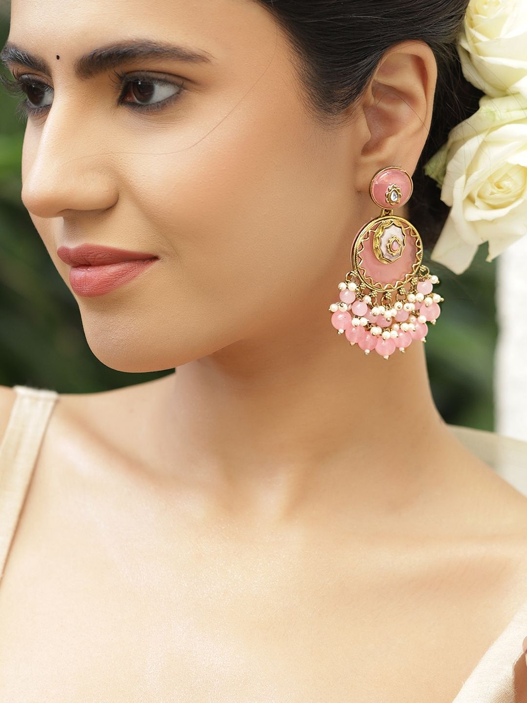 Rubans 22K Gold-Plated Pastel Pink Beaded & Pearl Cluster Handcrafted Chandbali Earrings