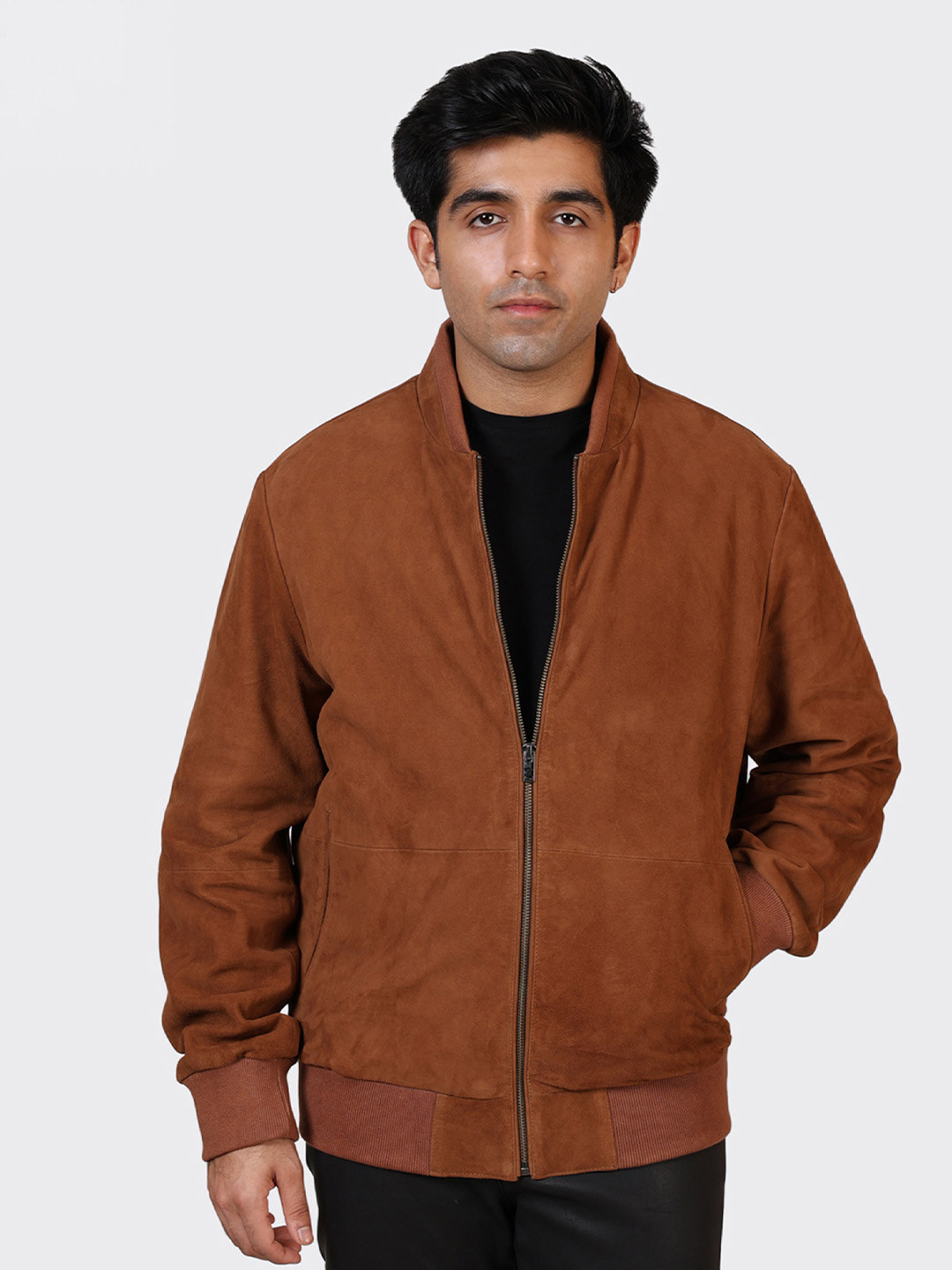 HUE & HIDE Men Stand Collar Solid Bomber Suede Leather Jacket