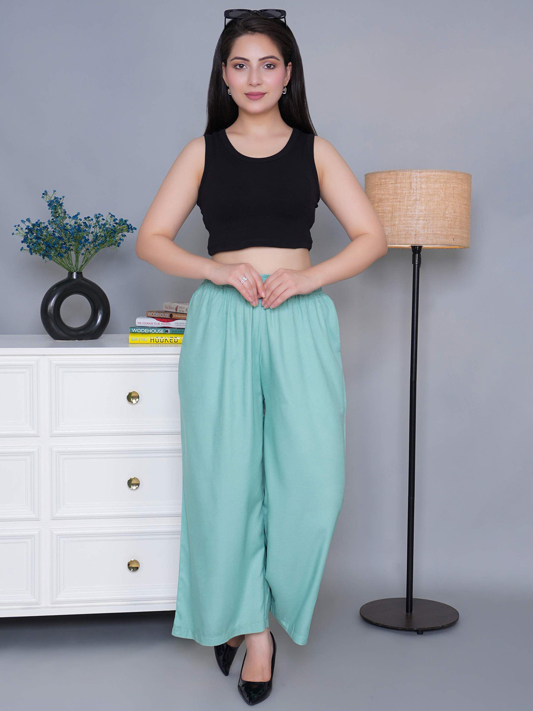 Mlada Women Mid Rise Regular Fit Solid Rayon Palazzo Pants