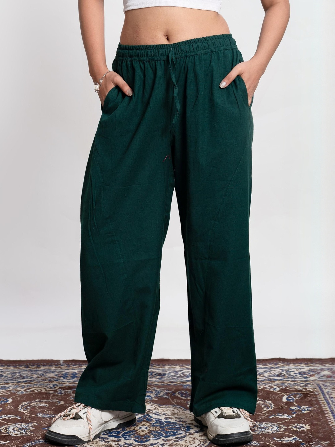 Pittra4ever Women Solid Casual Panel Cotton Relaxed Trousers