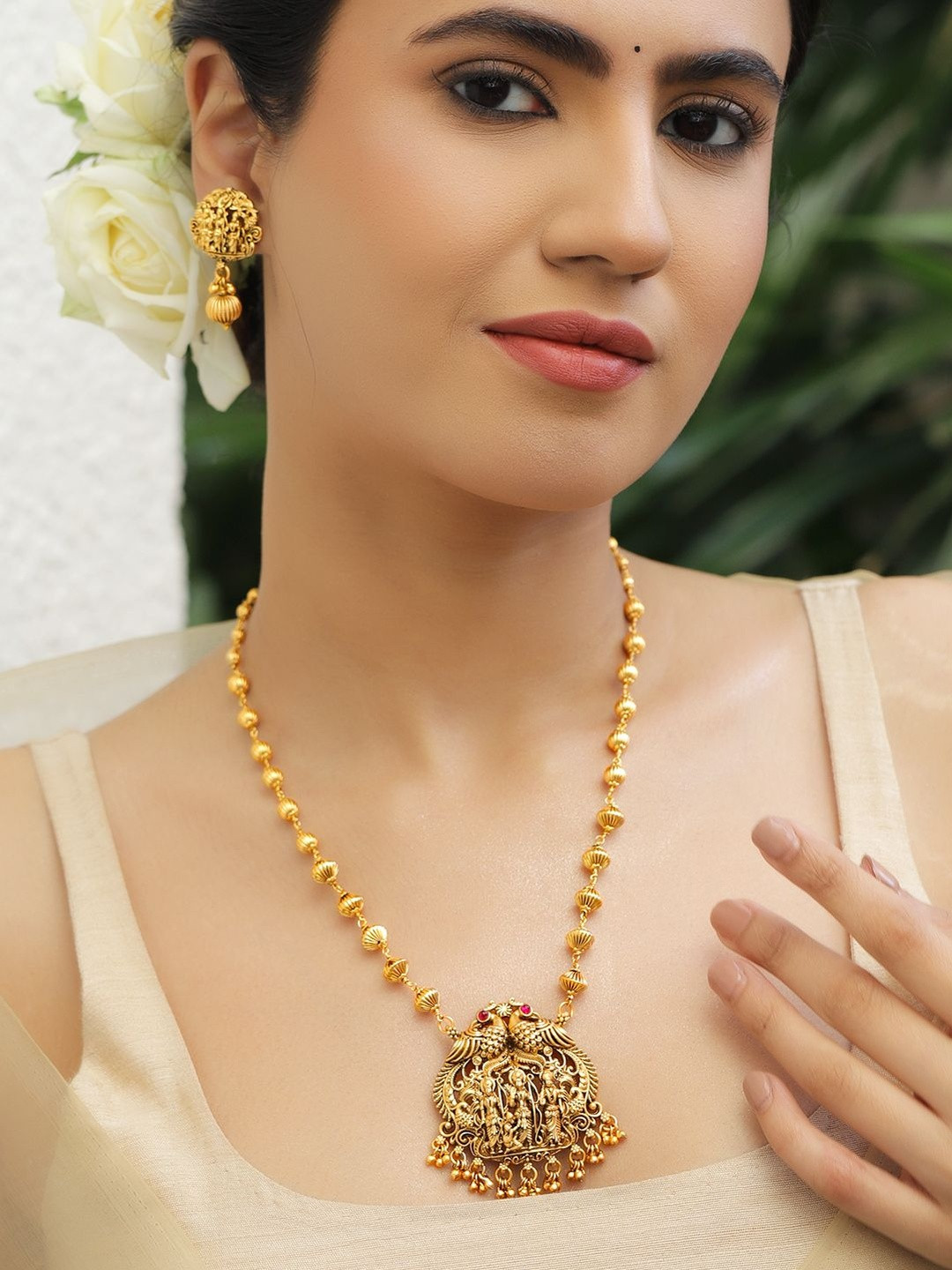 Rubans 22K Gold-Plated Ruby Studded God & Peacock Motifs Golden Beaded Temple Necklace Set