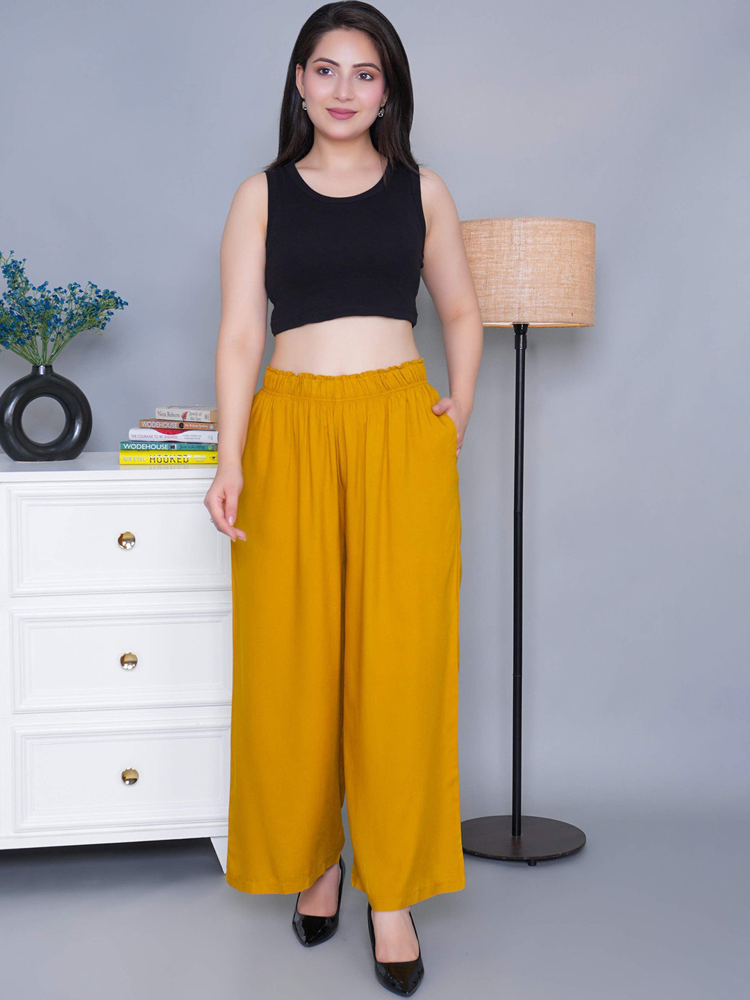 Mlada Women Mid Rise Regular Fit Solid Rayon Palazzo Pants