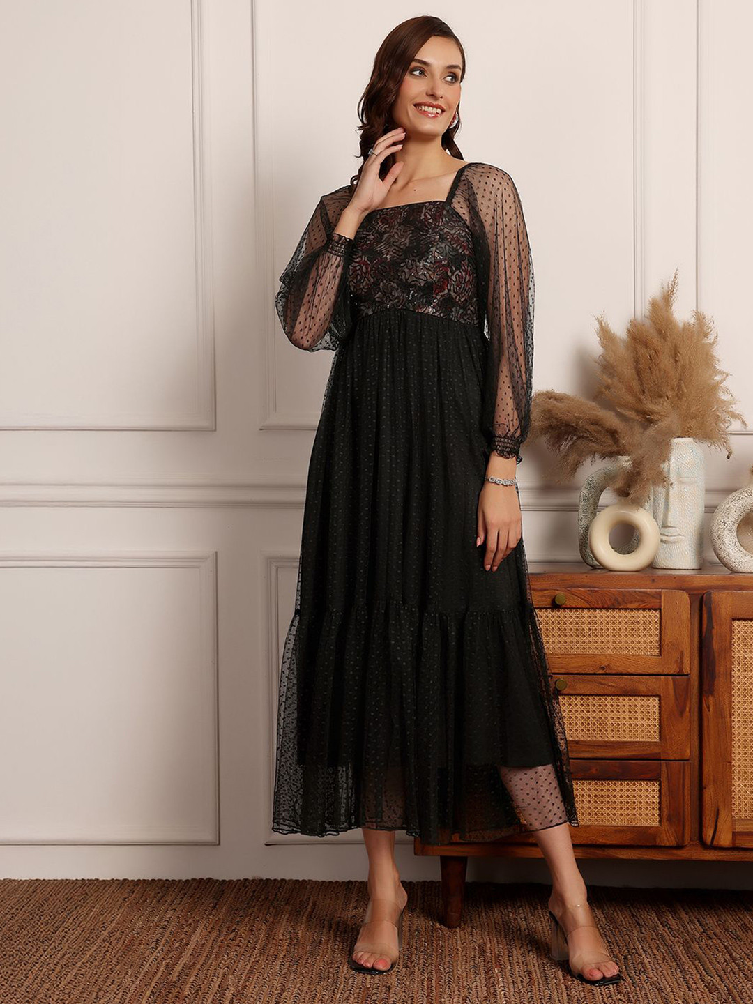 Miss Chase Womens Square Neck Raglan Sleeve Floral Tiered Midi Dress