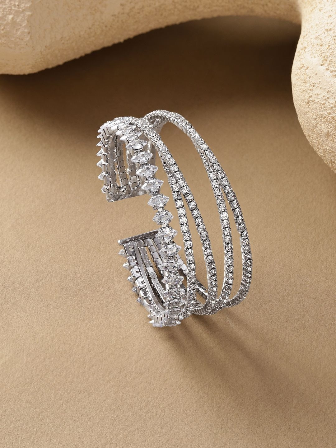 Rubans Rhodium-Plated Brass Marquise & Round Cubic Zirconia Multi-Layer Cuff Bracelet