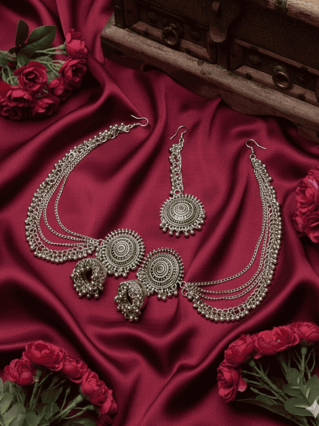 JOHARKAMAL Women Silver-Plated Artificial Beads Studded Maang Tikka with Dome Jhumkas