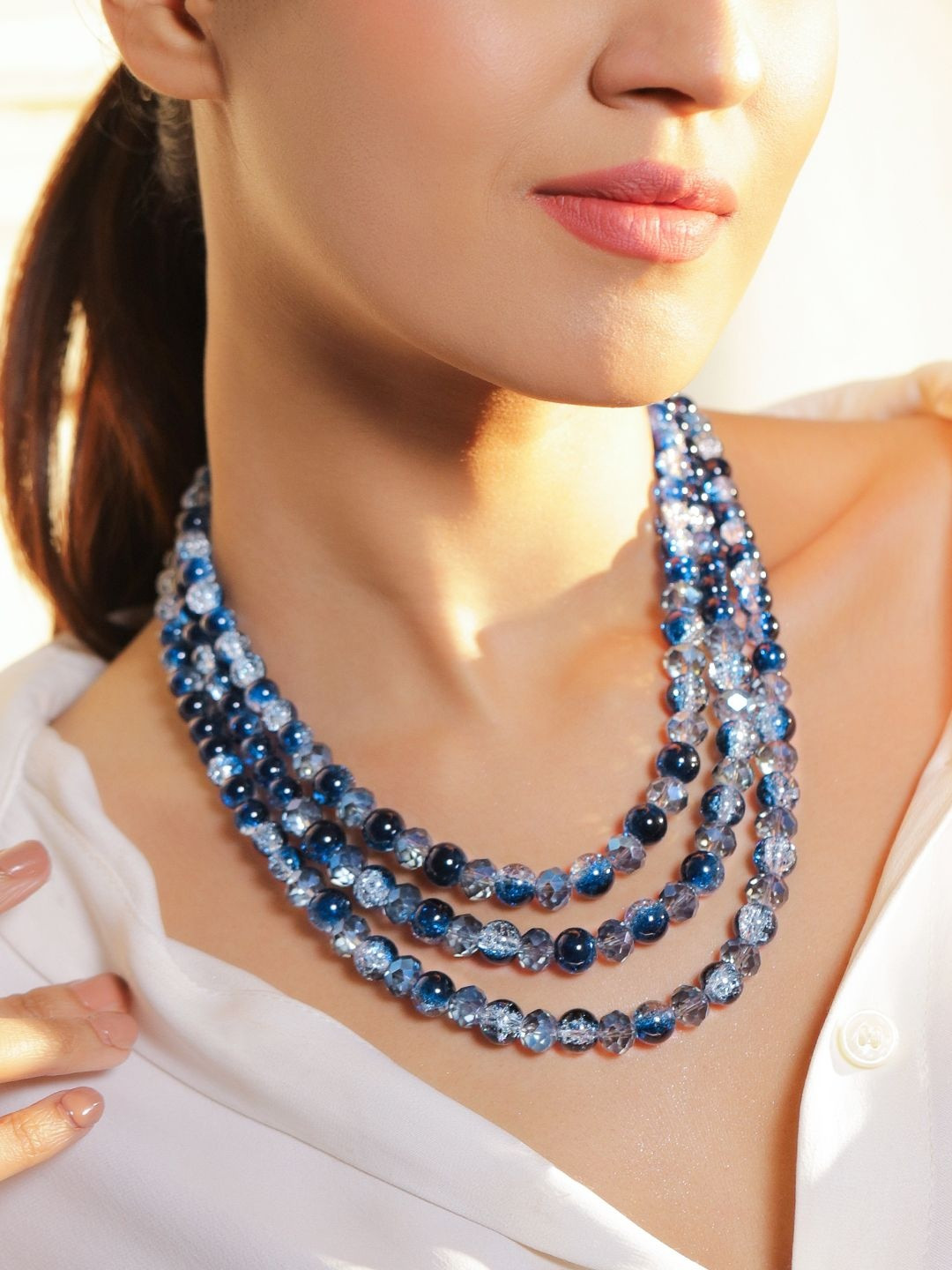 Rubans Rhodium-Plated Brass Multi-Layered Blue & Ice Blue Beaded Statement Necklace