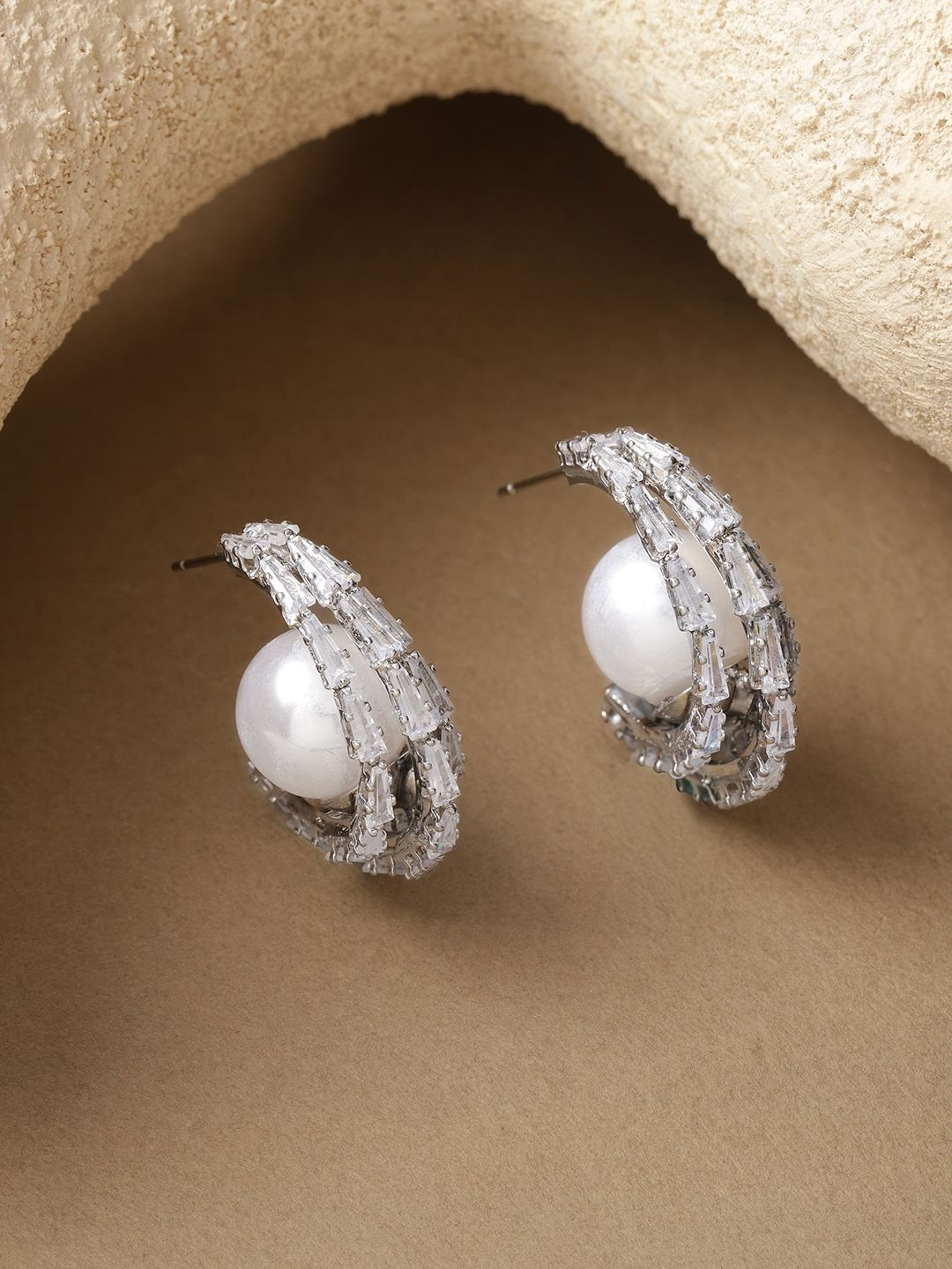 Rubans Rhodium-Plated Brass White Pearls & Cubic Zirconia Baguette Hoop Earrings