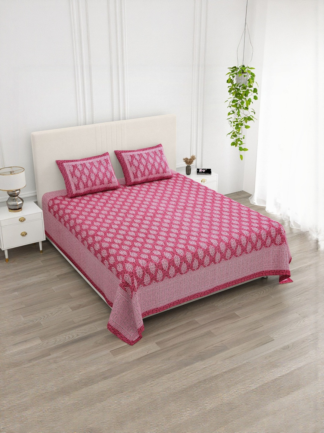 KD PRINTS Pink & White 210 TC King Bedsheet with 2 Pillow Covers