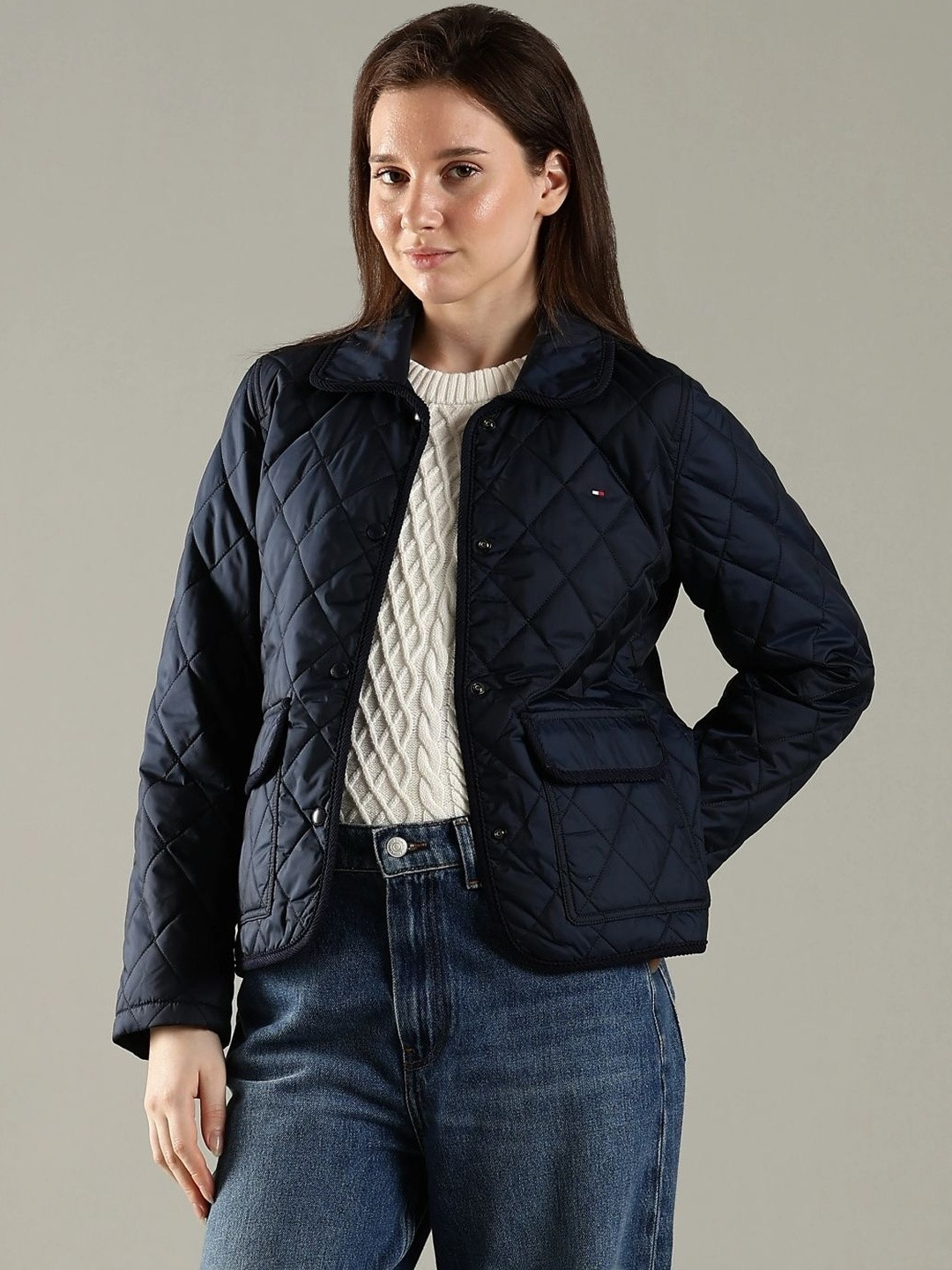 Tommy Hilfiger Europe Geometric Printed Spread Collar Long Sleeves Quilted Jacket