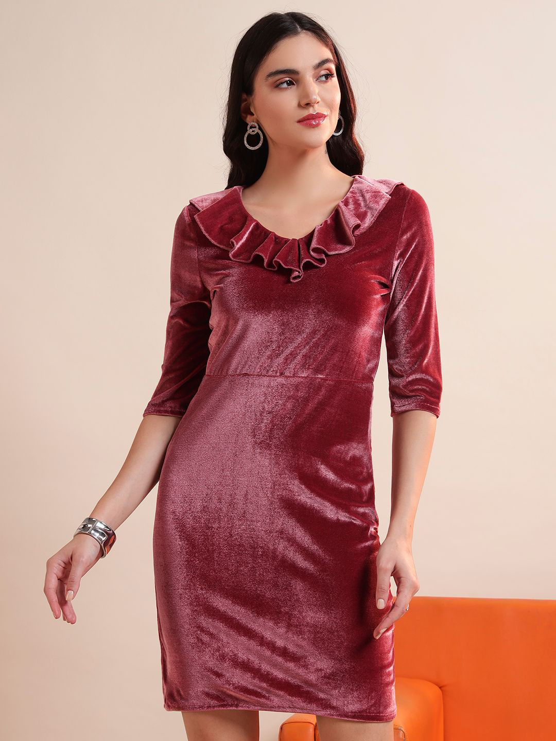 VAARARO Ruffled Velvet Sheath Mini Dress