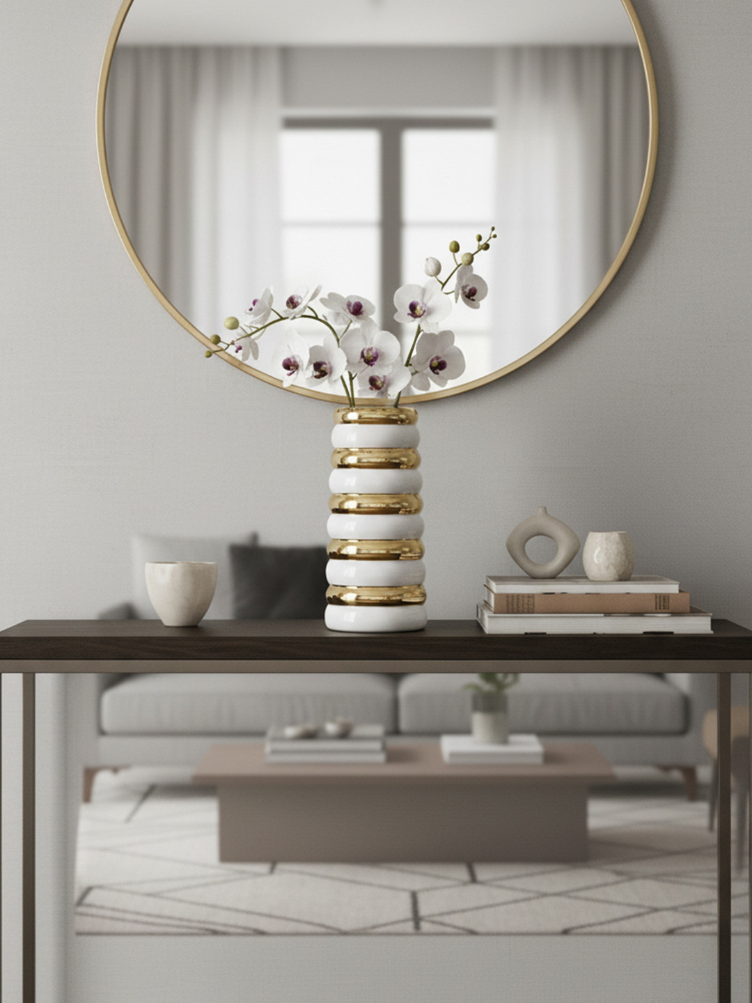 The Decor Lane White & Gold-coloured Ribbed Bands Ceramic Flower Vase