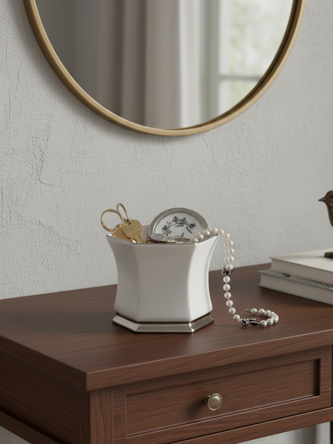 The Decor Lane White Hexagonal Ceramic Vase with Metallic Accents