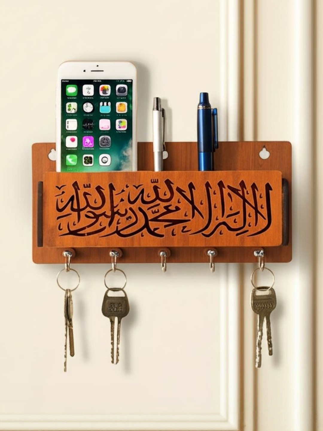 Sushobhat traders Brown Kalma-Patterned Wooden 6-Hooks Key Holder
