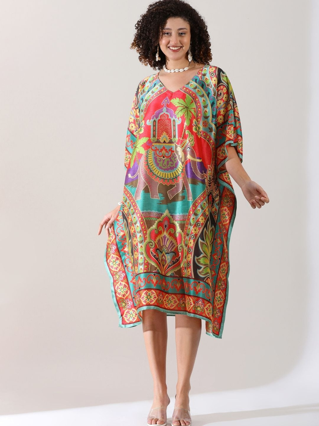 PIAAH Bohemian Elephant Print Tunic with Mandala & Ethnic Patterns Kaftan Dress
