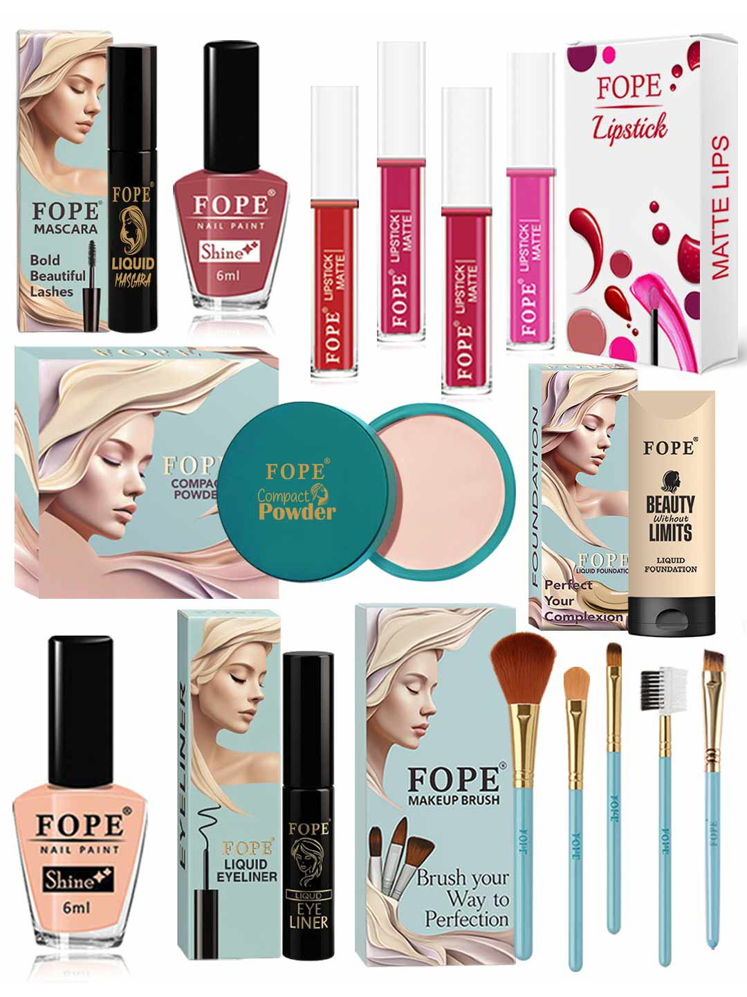 FOPE Set Of 15 Long Lasting Smudge Proof Lightweight Bridal Glam Makeup Combo
