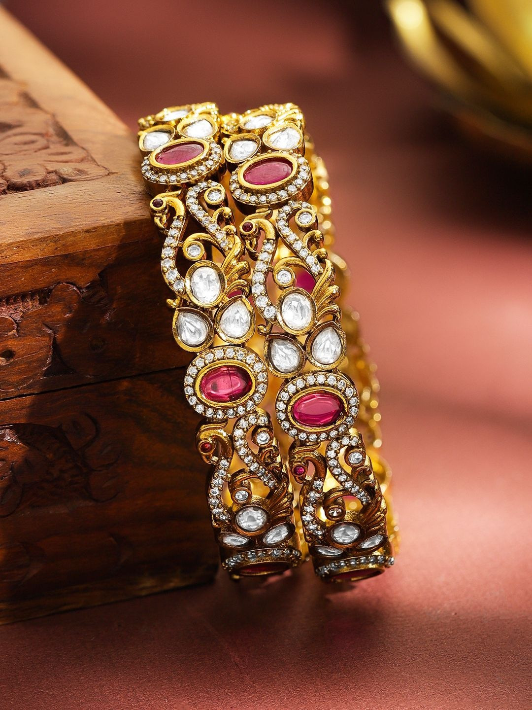 Rubans Set of 2 22K Gold-Plated Ruby Pink & White Kundan & CZ Embellished Heritage Bangles