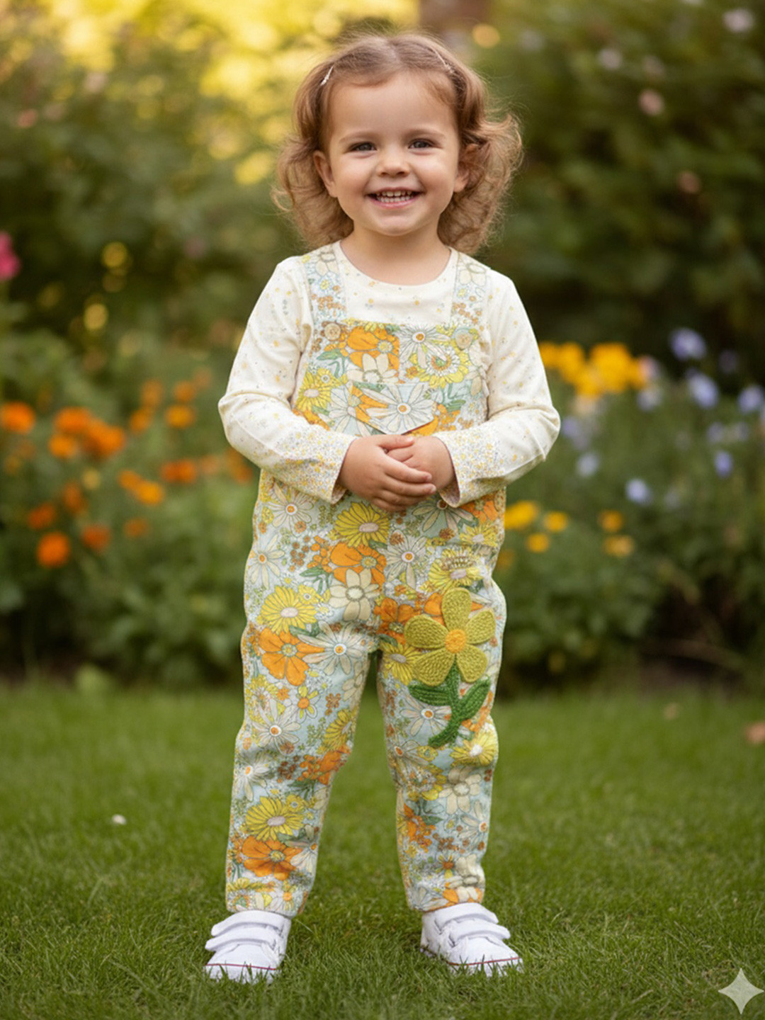 Babys Day Girls Pure Cotton Floral Printed Dunagree With T-Shirt