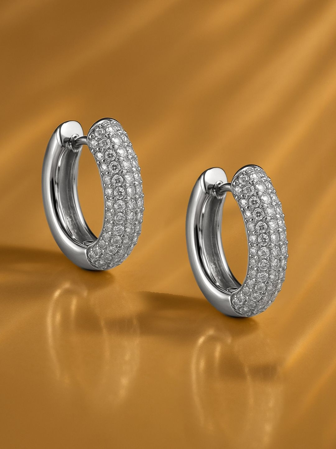 Rubans Rhodium-Plated Brass Huggie Hoop Earrings with Sparkling Cubic Zirconia Stones