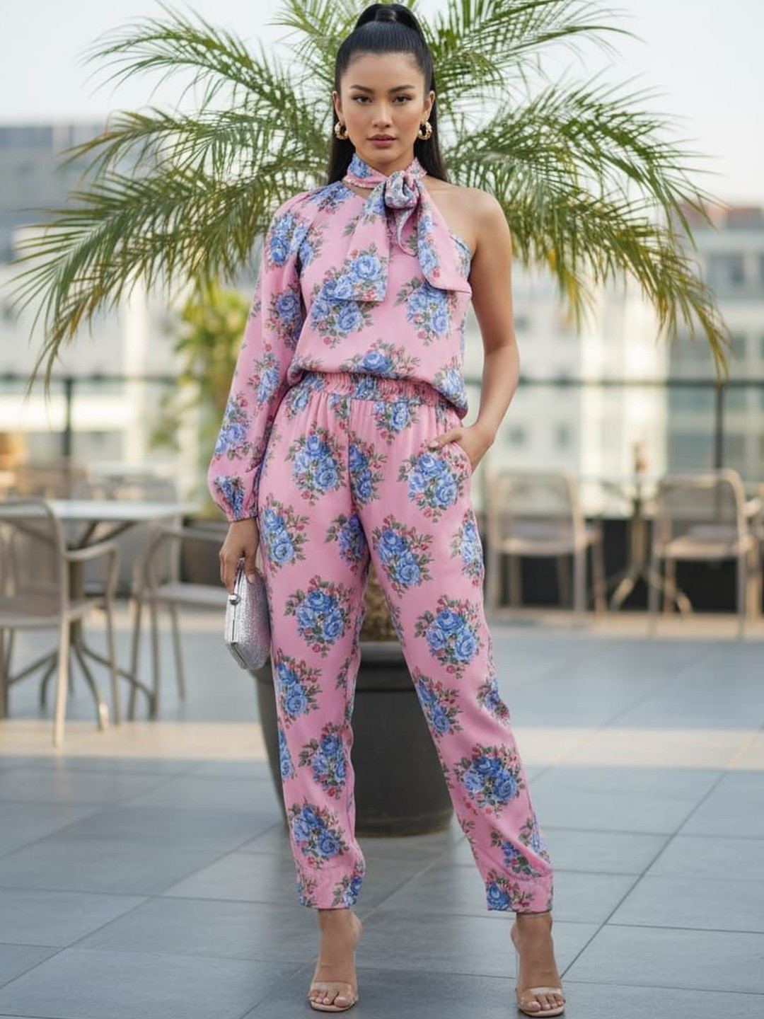 HIGH BUY Women Floral Printed One Shoulder Long Sleeves Top & Trousers Co-Ords Set