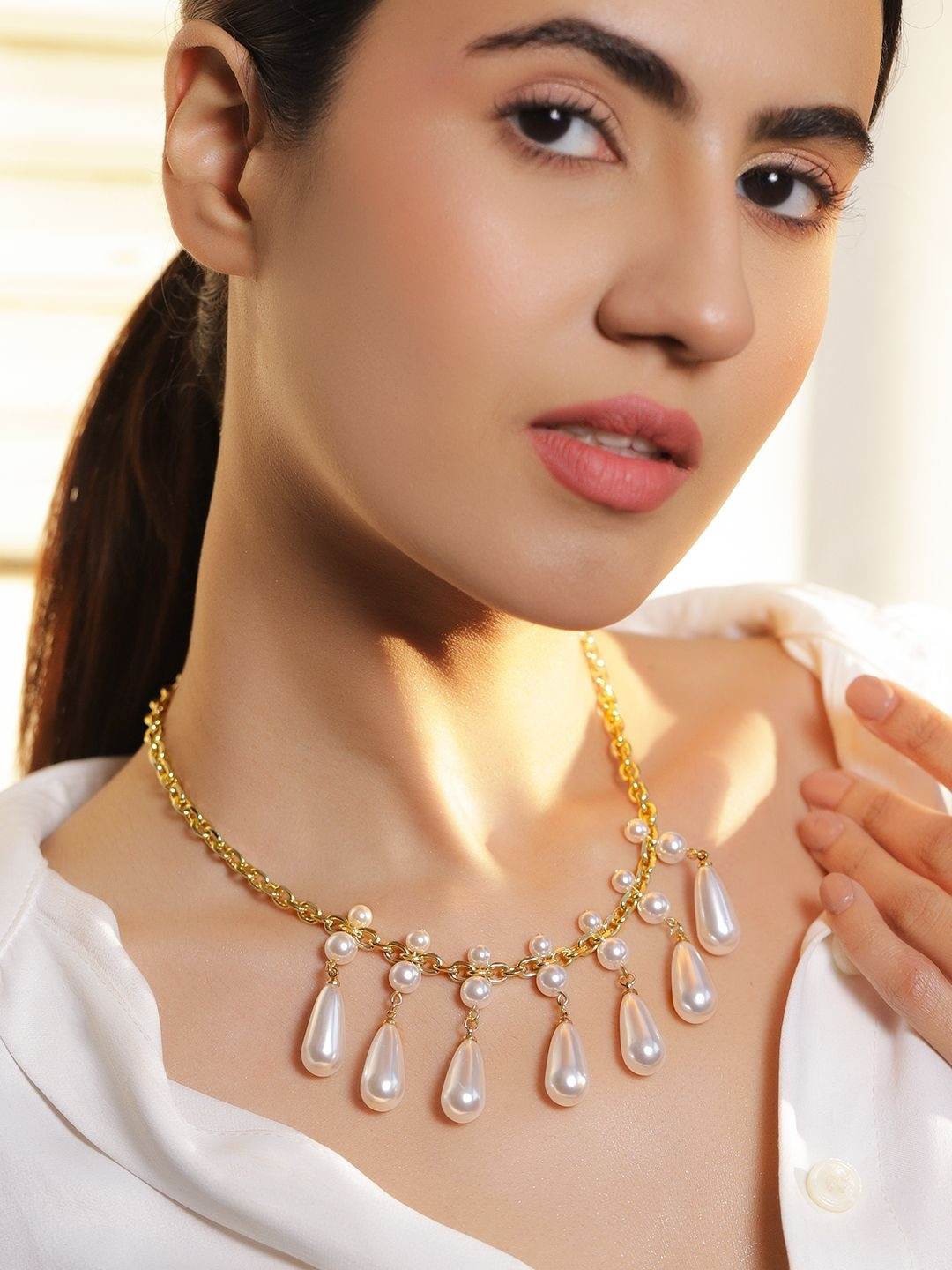 Rubans 18K Gold-Plated Statement Necklace with White Pearl Drops & Golden Chain