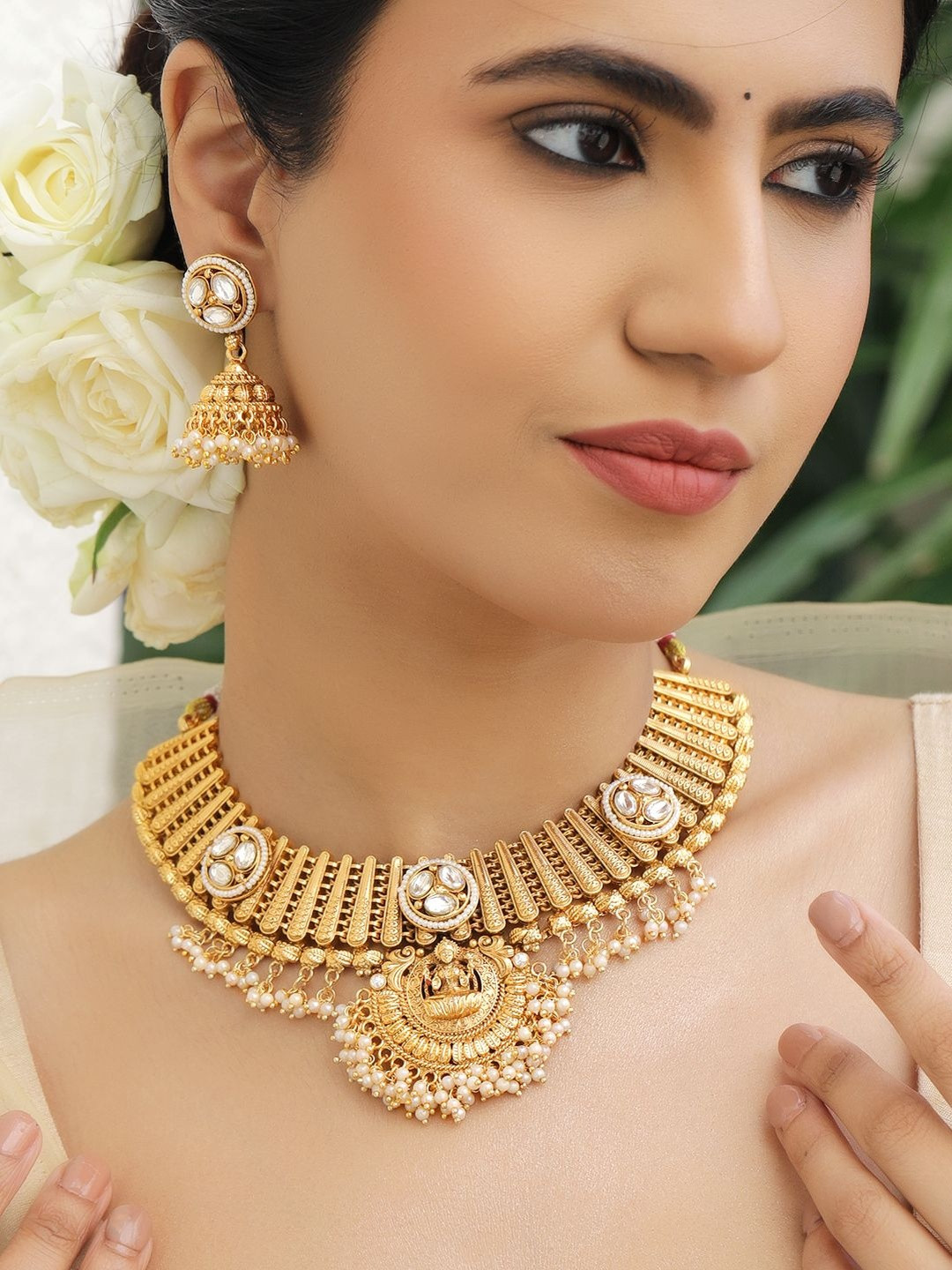 Rubans 22K Gold-Plated Kundan-Studded & Pearl-Beaded Divine Lakshmi Temple Jewellery Set
